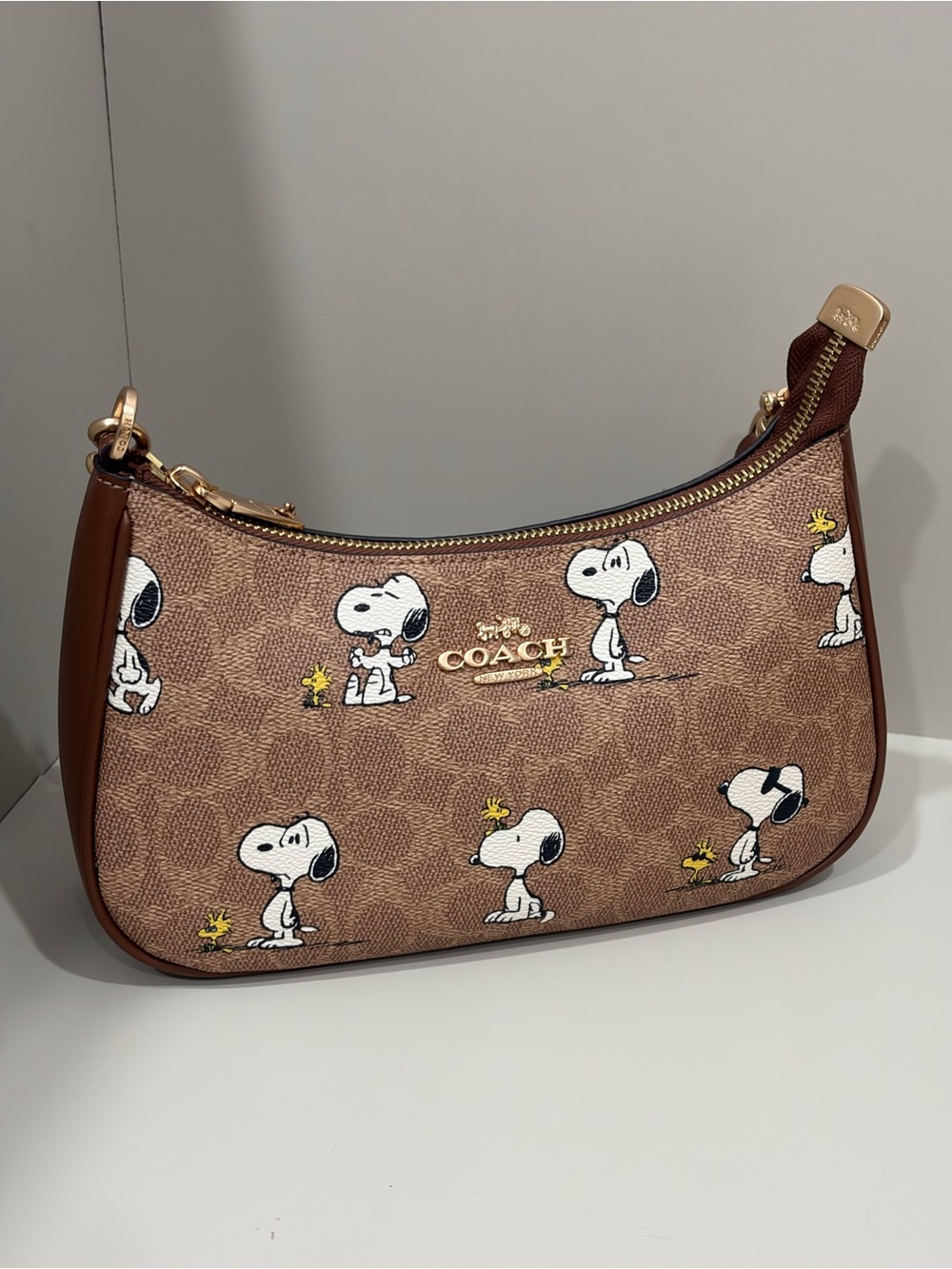 Authentic Coach Brown Signature x Snoopy Printed Shoulder Bag with Gold Hardware
